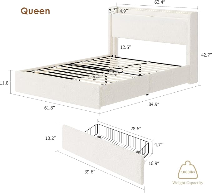Queen LED Bed Frame with 4 Storage Drawers and Storage Headboard, Soft Boucle Upholstered Platform Bed Frame with Charging Station and USB Ports, Solid Wood Slats Support, No Box Spring Needed, Cream