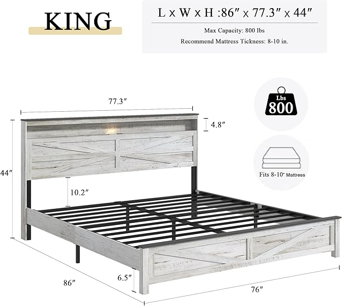 Farmhouse Wooden Bed Frame King Size with Storage Headboard, Boho Platform Bedframe with LED Lights and Charging Station, Metal Slats Support, No Box Spring Needed, White