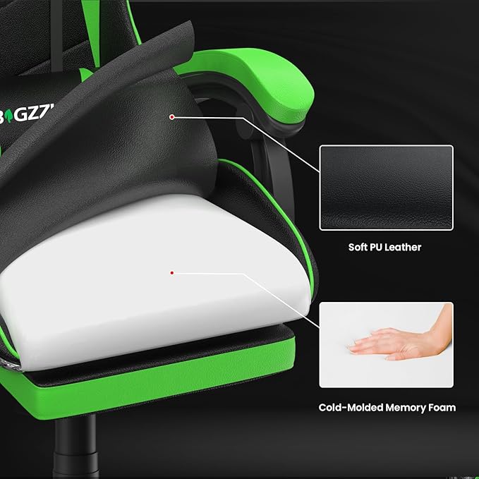 Gaming Chair with Footrest, High Back Ergonomic Computer Gamer Chair with Headrest and Lumbar Support, Racing Style Reclining Game Chair for Adults, Kids (Green-Black)