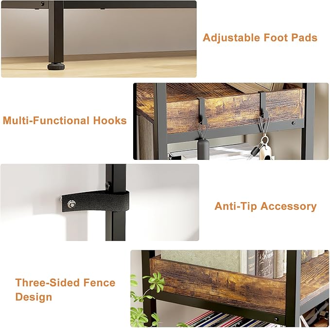 KOUSEI 5-Tier L-Shaped Reversible Corner Bookshelf, 65" Rustic Brown Industrial Wood & Metal Bookcase, Wide Open Shelves + 4 Hooks for Living Room/Bedroom/Home Office