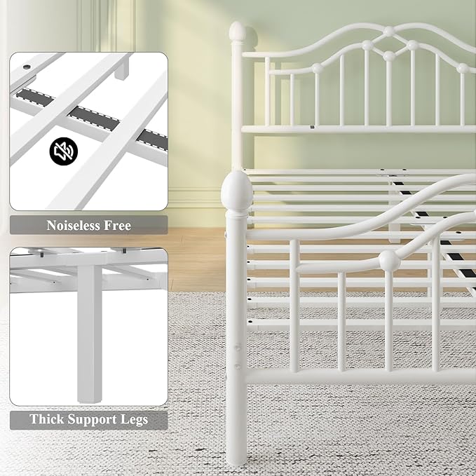 Full Metal Platform Bed Frame, Bed Frame with Victorian Headboard and Footboard, Strong Metal Slats Support, Mattress Foundation No Box Spring Needed, Easy Assembly, Noise Free, White