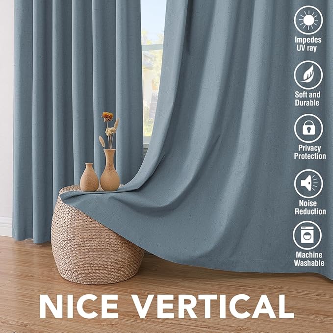 H.VERSAILTEX Primitive Linen Curtains 100% Blackout Curtain Drapes Burlap Curtains with White Thermal Insulated Liner, Grommet Top Drapes Living Room/Bedroom (2 Panels, 42 x 63 Inch, Stone Blue)