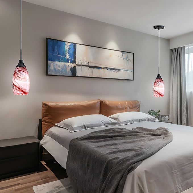 Mini Glass Pendant Light 4.72" with Handblown Burgundy Marble Art Glass Hanging Light 3-Pack Oval Ceiling Hanging Light Fixture for Dining Room Kitchen Island Cafe Foyer Hallway