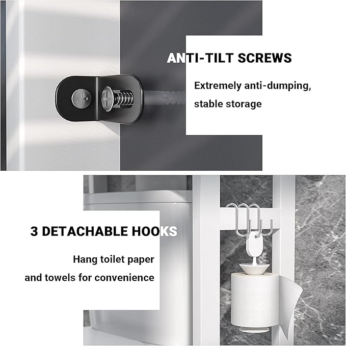 Homykic Over The Toilet Storage, Bamboo Over Toilet Bathroom Organizer Rack, Freestanding Bathroom Shelves Above Toilet Storage with 3 Hooks, Bathroom Space Saver, No Rust, Easy to Assemble, White