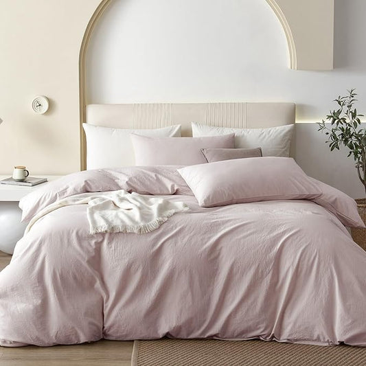 JIYUAN 100% Washed Cotton Duvet Cover Set 3 Pieces Full, 1 Duvet Cover 80x90 Inches (Comforter Not Included) and 2 Pillowcases,Linen Feel Bedding Set Comfy and Breathable, Heathered Greyish Pink