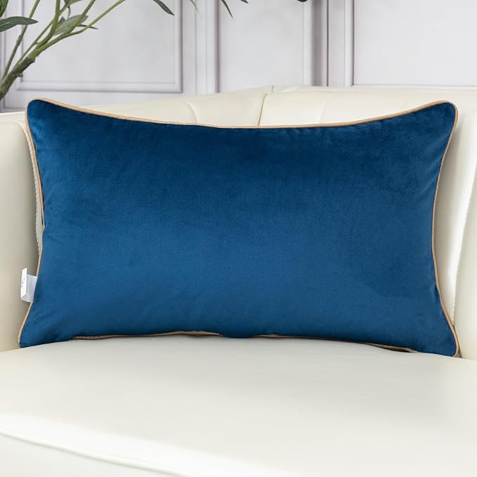 Aeckself European Floral Pillow Cover 12x20 Inch, Luxury Velvet Embroidered Decorative Lumbar Throw Pillow Cover for Couch Bedroom Living Room, Navy Blue and Gold, Yw-OBYG-Blue3050
