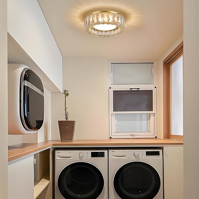 Crystal Gold Flush Mount Ceiling Light Fixture,Dimmable LED 5CCT 3000K-6000K Chandelier,11 Inch Modern Small 24W Round Lighting Fixtures for Kitchen Hallway Foyer Laundry Room