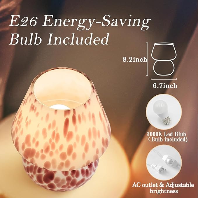 Cute Mushroom Lamp | Small Bedside Nightlight for Bedroom & Living Room | Adorable Blush Pink Translucent Glass Desk Light with E26 3000K Warm Bulb | Perfect Home Decor Gift for Girls & Women