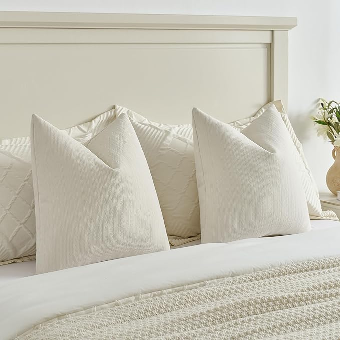 FUTEI Cream White Decorative Throw Pillow Covers 16x16 Inch Set of 2,Soft Cozy Wheat Ear Striped Patterns Cushion Cases,Modern Home Decor for Couch Bed Living Room