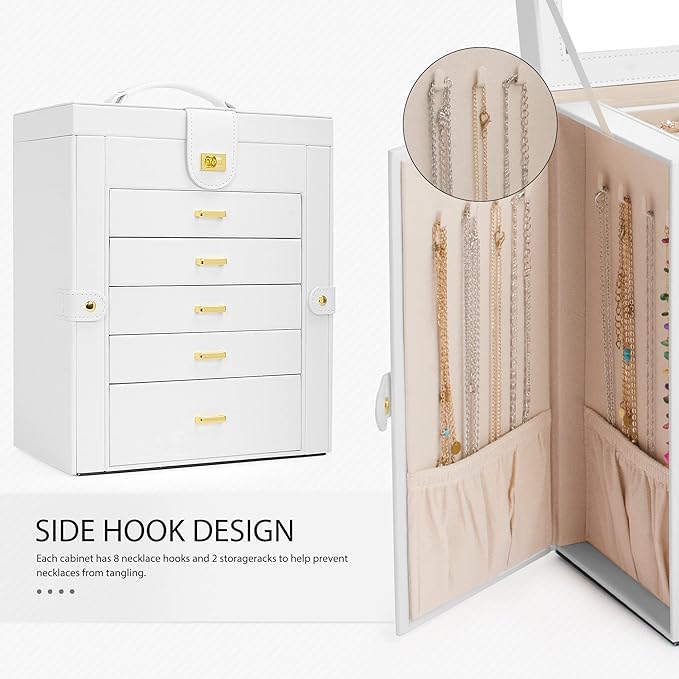 AKOZLIN Large Jewelry Box Organizer Functional with Big Mirror, Leather Jewelry Storage Case for Women Girls Ring Necklace Earring Bracelet Holder Organizer White