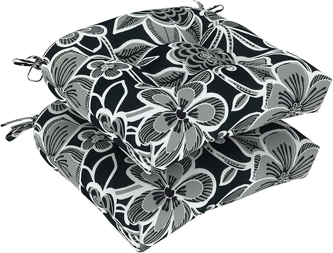 Set of 2 Outdoor Chair Cushions 19"x19"x4",Water Repellent Tufted Seat Cushions with Ties, Replacement Thick Chair Pads for Wicker Dining and Patio Furniture - Flower Black
