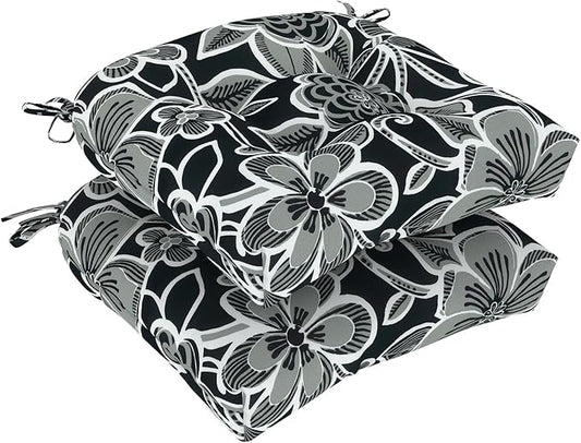 Set of 2 Outdoor Chair Cushions 19"x19"x4",Water Repellent Tufted Seat Cushions with Ties, Replacement Thick Chair Pads for Wicker Dining and Patio Furniture - Flower Black
