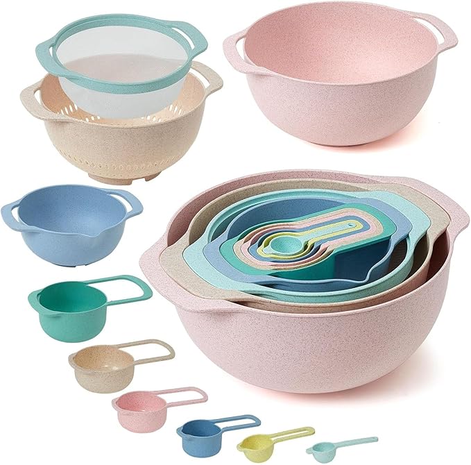 Plastic Mixing Bowls Set 10 PCS with Measuring Spoon, Colorful Serving Bowls for Kitchen, Ideal for Baking, Prepping, Nesting Bowls for Space Saving Storage