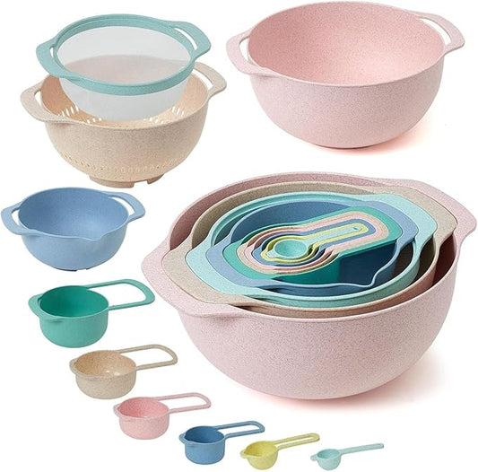 Plastic Mixing Bowls Set 10 PCS with Measuring Spoon, Colorful Serving Bowls for Kitchen, Ideal for Baking, Prepping, Nesting Bowls for Space Saving Storage