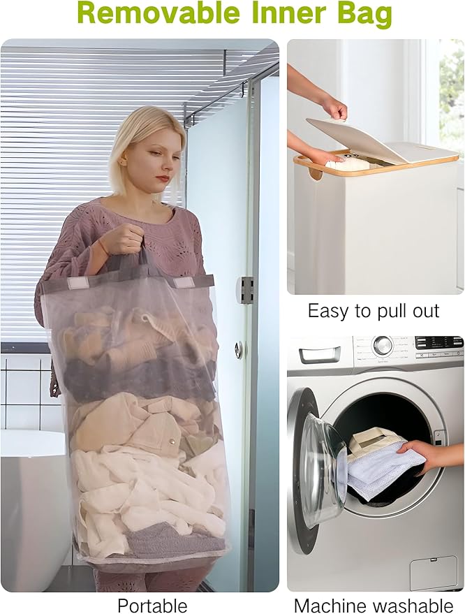 efluky Double Laundry Hamper with Wheels, Divided Laundry Hamper with Removable Bags, 2 Section Dirty Clothes Basket with Handles for Bathroom, Bedroom & Laundry Room, 160L Beige