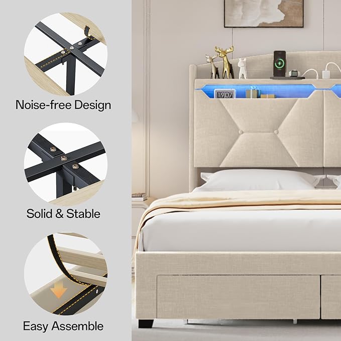 Full Size Bed Frame, Full Bed Frame with Storage Drawers, Upholstered Bed Full Size with Charging Station and LED Lights, Easy Assembly, Beige