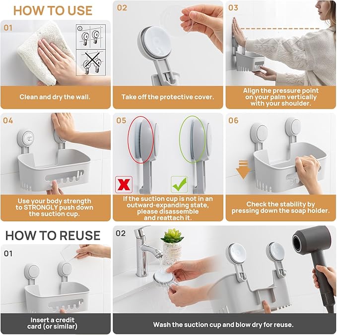 LEVERLOC Shower Caddy Suction Cup, Shower Organizer Removable Bathroom Shelf, Storage Suction Powerful Max Hold 22lbs Bathroom Caddy Waterproof Holder, Gray