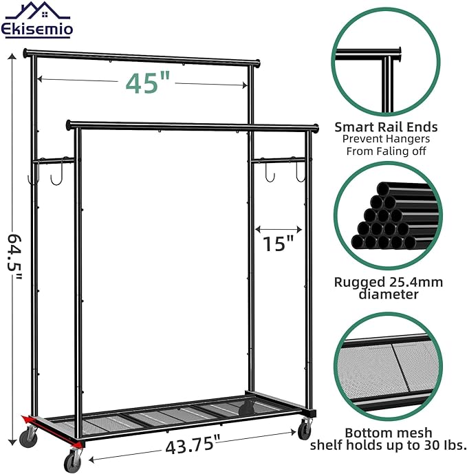 Double Rod Clothing Garment Rack on Wheels, 45 Inches Clothes Rack with Mesh Bottom Shelf for Hanging Clothes, Heavy Duty Metal Maximum Capacity 400 lbs, Black