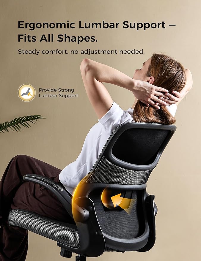 Office Chair, Mesh Ergonomic Desk Chairs, Lumbar Support, Adjustable Height, Flip-up Armrests, Swivel Function and Smooth-Rolling Wheels for Home, Office and Gaming (Black)