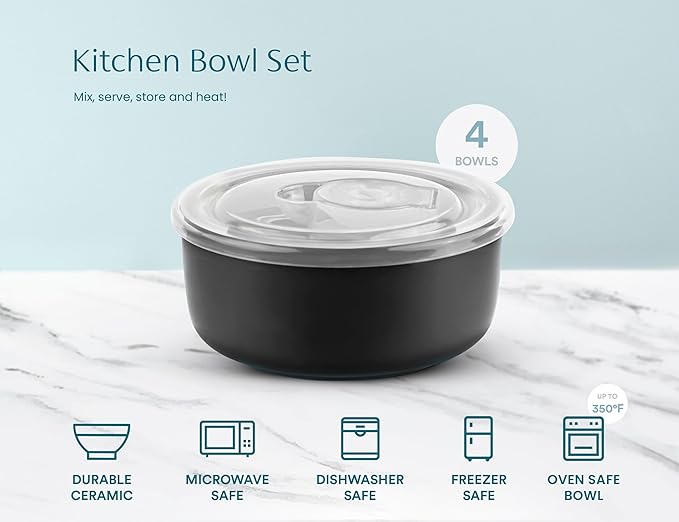 KooK Ceramic Mixing Bowls, Nesting Bowls, Set of 4, Kitchen Bowls, Prep, Serving, Gift, Microwave and Dishwasher Safe, 10/16/29/47 oz, (Black)