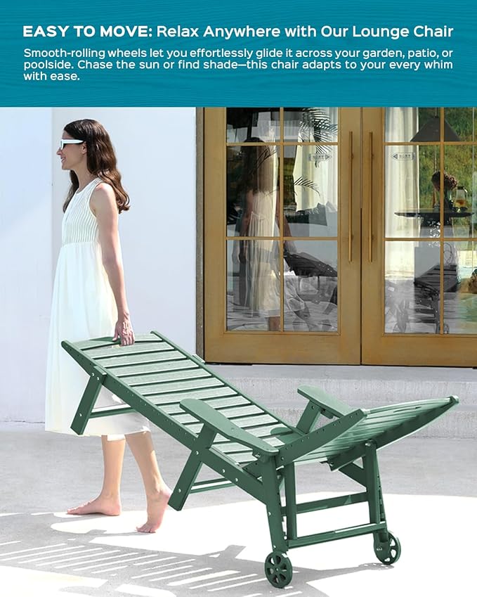 Ciokea Lounge Chair Outdoor, Oversized Chaise Lounge Chair with 5 Positions, HDPE, Patio Lounge Chair with Wheels & Cup Holder for Pool, Deck, Poolside, Green