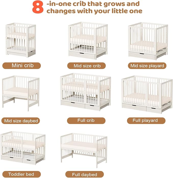 JOYMOR 8 in 1 Convertible Crib with Changer, Include 2” Mattress, Converts to Bassinet, Mid Crib, Full Size Crib, Daybed,Toddler Bed and Playard (Crib with Drawer, Washed Natural)