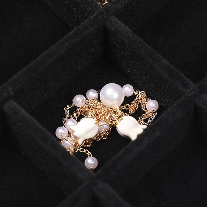 Frebeauty Small Jewelry Tray Set,Stackable Velvet Jewelry Organizer Tray,Mini Jewelry Drawer Organizer,Drawer Inserts,4.92 x 3.74 x 0.9 Inches,Earring Organizer for Women(Set 4,Black)