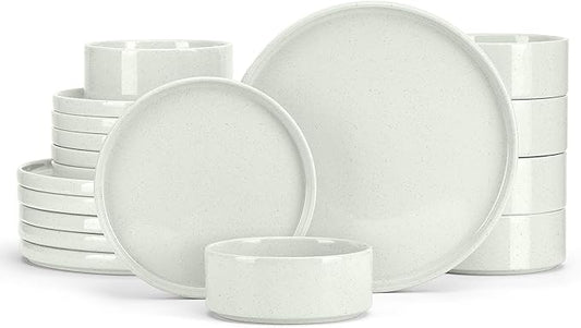 E-far Dinnerware Sets for 6, 18-Piece Stoneware Plates and Bowls Set, Modern Kitchen Dinning Dishware, Chip and Scratch Resistant, Microwave & Dishwasher Safe, Speckled White