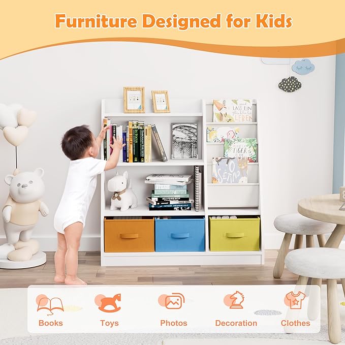 Kids Bookshelf Wood Montessori Toy Storage Organizer Cabinet Shelf Child Bookcase Toddler Baby Sling Book Rack 3 Cube Bin Fabric Drawers for Playroom Bedroom Nursery School