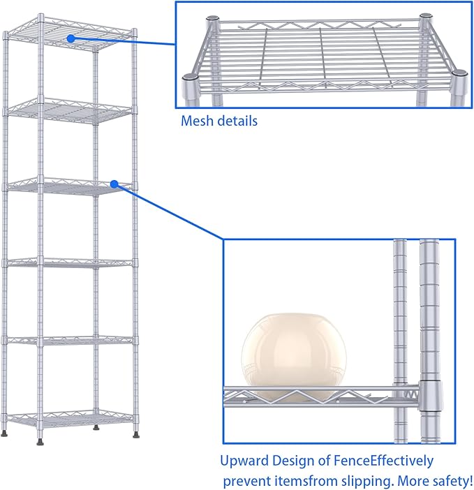 REGILLER 6 Wire Shelving Steel Storage Rack Adjustable Unit Shelves for Laundry Bathroom Kitchen Pantry Closet(Silver, 11.7" D x 16.8" W x 63" H)