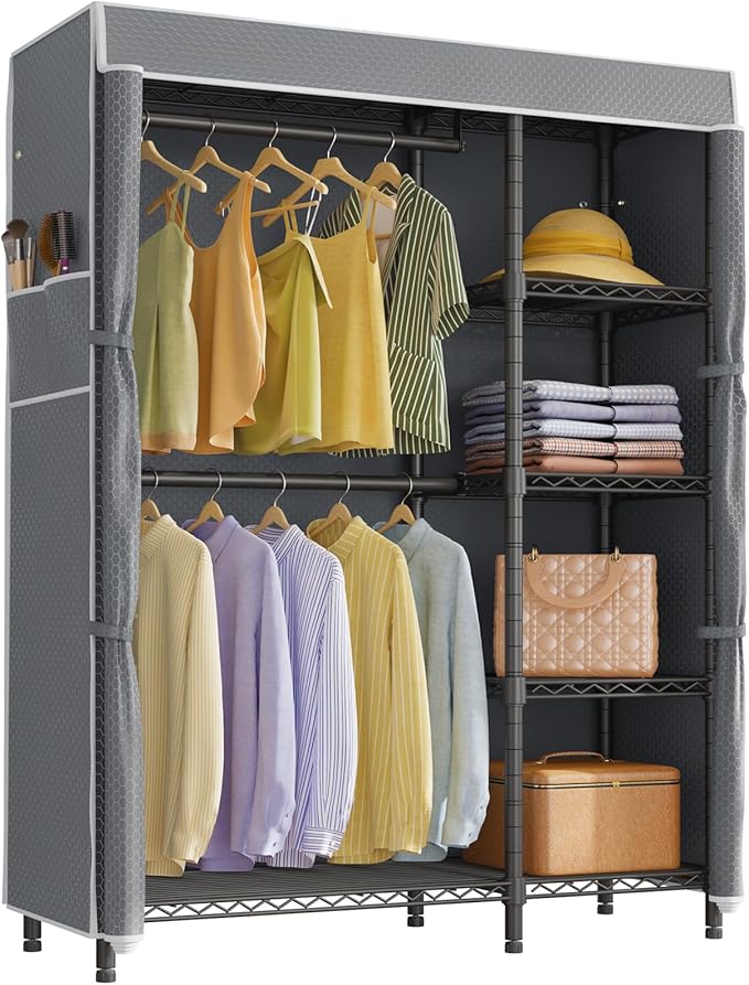 VIPEK V7C Garment Racks with Cover Portable Closets for Hanging Clothes, Heavy Duty Clothes Rack with Shelves Metal Closet Wardrobe, Max 670lbs, Black Rack with Grey Upgraded Polyester Cover