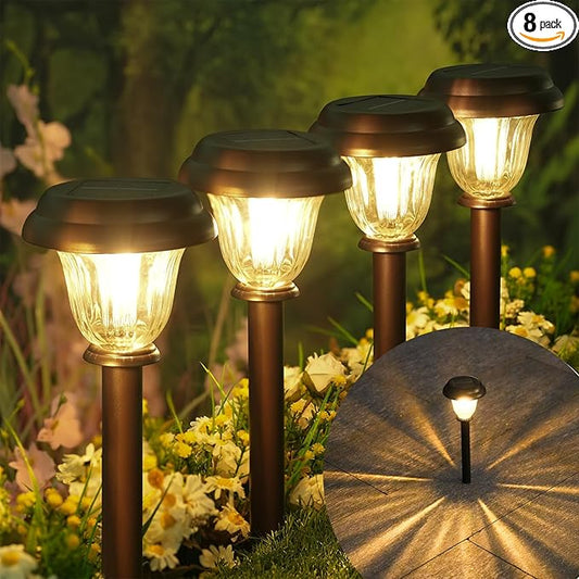 DERAYSION 8 Pack Solar Lights Outdoor, Stainless Steel Glass Solar Pathway Lights, Auto On/Off Long-Lasting Waterproof Landscape Lighting for Garden, Landscape, Path, Yard, Warkway (Warm White)