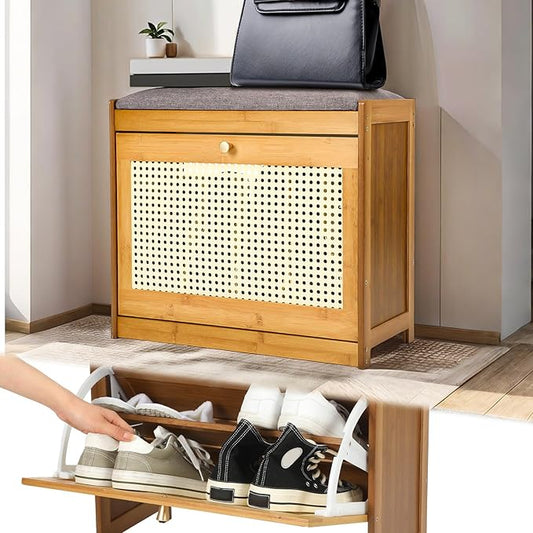 Rattan Small Entryway Bench with 2 Tie Flip Drawers Narrow Shoe Rack Bench for Wooden Shoe Organizer for Entryway Hallway Living Room Hallway Closet Rustic Oak Rattan, Suitable for US10 and Under