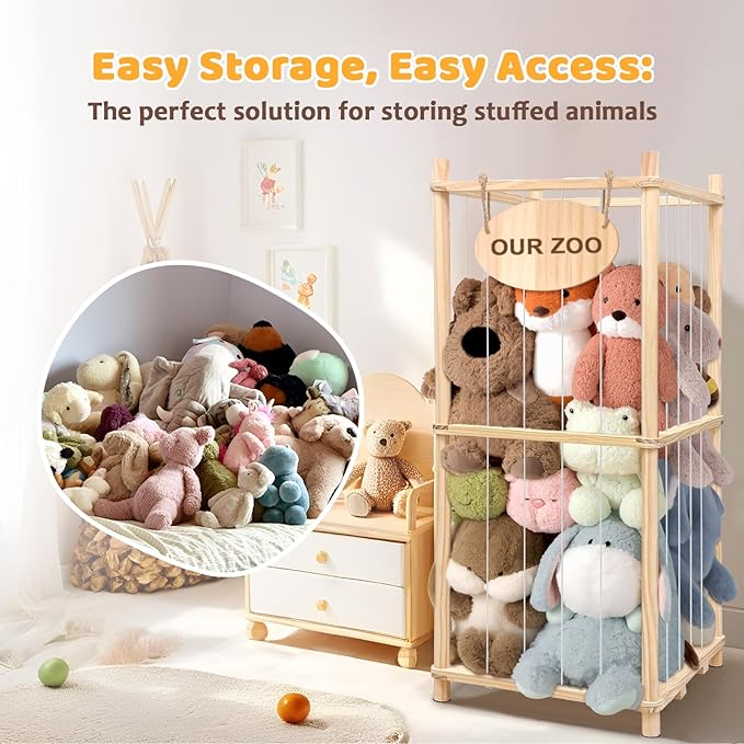 Stuffed Animal Storage Organizer - Thick Wooden Toy Zoo for Playroom & Bedroom (Medium)