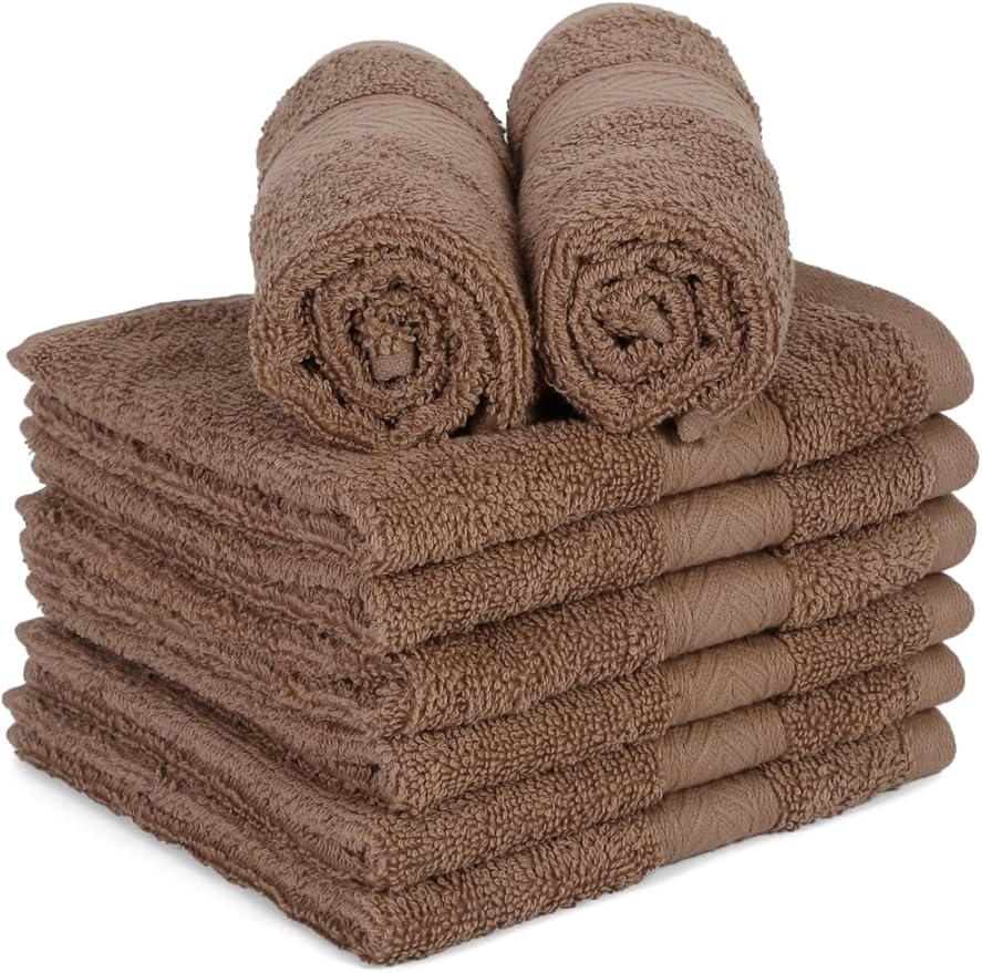 Casa Lino Face Towels & Body Wash Cloths for Showering - 100% Cotton Wash Cloths for Bathroom - Highly Absorbent & Quick Drying Washcloth Set - Cotton Washcloths 24 Pack (12" x 12") - (Brown)