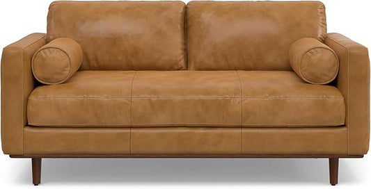 SIMPLIHOME Morrison 72-inch Wide Sofa in Sienna Top Grain Genuine Leather, Mid-Century Modern-Style Loveseat for Living Room, Single Bench Cushion, Removable Back Cushions, 2 Bolster Pillows
