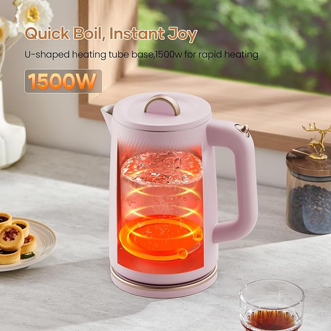 OLEGA Electric Kettle - 1500W Electric Tea Kettle 1.8L Stainless Steel Inner Electric Kettles for Boiling Water Auto Shut Off Boil-Dry Protection Electric Water Kettle for Coffee Tea Pink