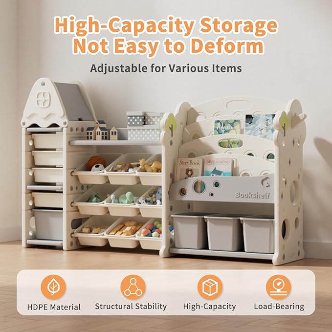 Kids Toy Storage Organizer with 17 Removable Bins, 4-Tier Bookshelf for Kids, Multi-Purpose Castle-Shaped Toy Organizer for Playroom, Bedroom, Nursery, Living Room (Beige)
