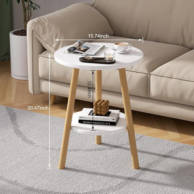 OERGKE Round End Table, Small Side Tables with Lower Shelf, Coffee Table, Bedside Table, Mid Century Modern Nightstand for Living Room, Bedroom, Corners and Office (White)