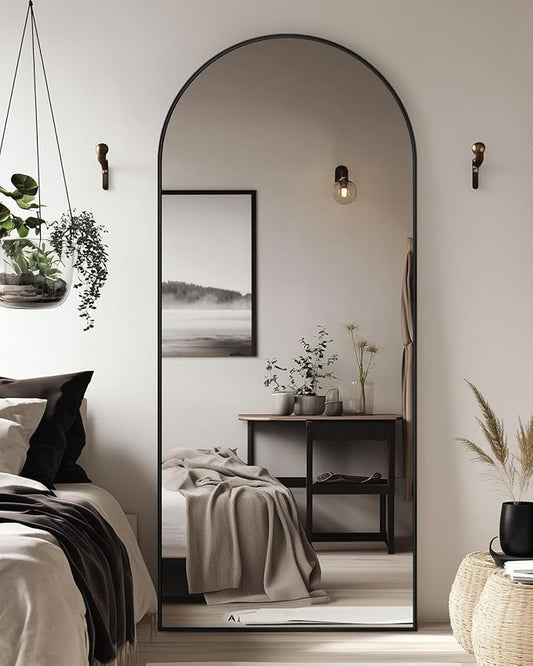 Antok Full Length Mirror, 21"x58" Floor Mirror with Stand, Hanging Mounted Mirrors for Bedroom, Living Room, Cloakroom, Dining Room, Black, Arched
