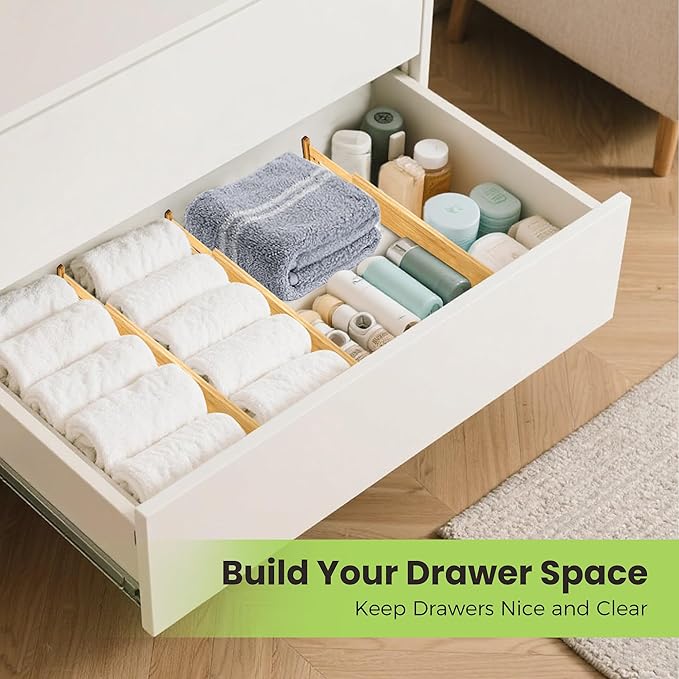 Drawer Divider, Adjustable Bamboo Kitchen Drawer Organizer, Spring Loaded Drawer Organizer, Dresser Separators for Kitchen, Bathroom, Clothes, Office Desk Storage (Natural, 4 Pack Large)