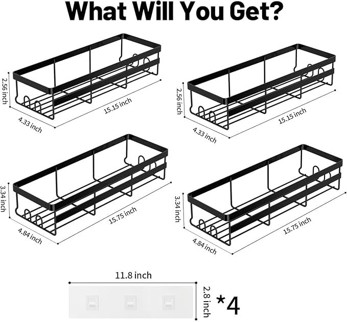 WOWBOX Shower Caddies 4 Pack - Adhesive Hanging Shower Shelf - Bathroom Organizers and Storage, No Drilling Stainless Shower Shelves for Home Decor, Bathroom Accessories (Large)