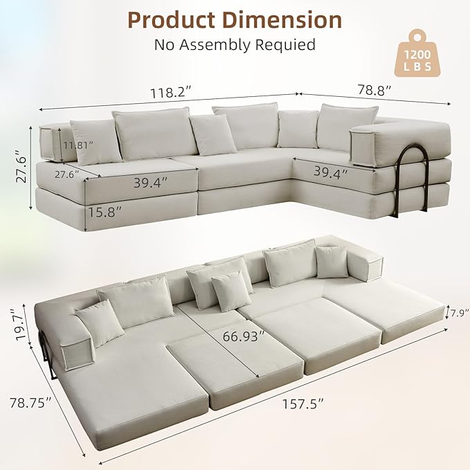 Rovibek 118" 5-in-1 Memory Foam Boneless Sectional Couch, Modular Convertible Sleeper Sofa Bed, Full Size No Assembly Required DIY Combination, Oversized Lazy Sofa with Fixed Frame Beige