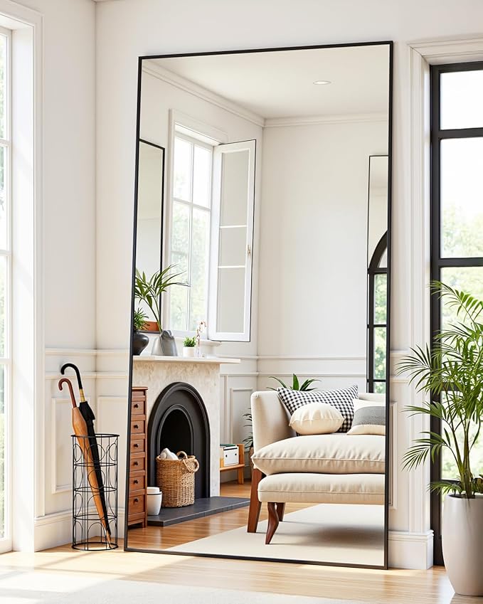 Suidia Full Length Mirror, 76"x34" Floor Standing Mirror Freestanding, Full Body Mirrors with Stand for Bedroom, Hanging Mounted for Living Room Cloakroom, Black, Rectangular Style