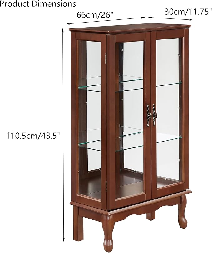 Goujxcy Lighted Curio Cabinet, Modern Floor Standing Glass Curio Cabinet Display Case Cabinet with Adjustable Shelves, Mirrored Back Panel and Tempered Glass Doors for Home/Office (Walnut)