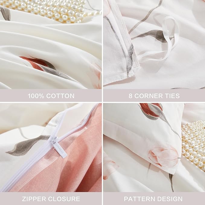 SAPHREAS Rosebud Floral Duvet Cover Set Queen Size 3pcs Pink Red Botanical Flower Soft Bedding Comforter Cover Set 100% Cotton 1 Duvet Cover 90"x90" 2 Pillow Shams, Comforter Not Included