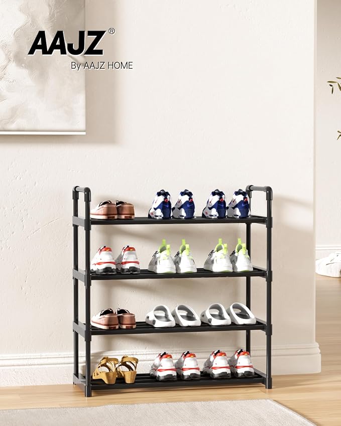 Metal Storage Shoe Rack,Large Capacity Shoe Organizer, Free Individual Assembly for 12-15 Pairs, for Entryway,Closet, Bedroom, Black (4 Tiers)