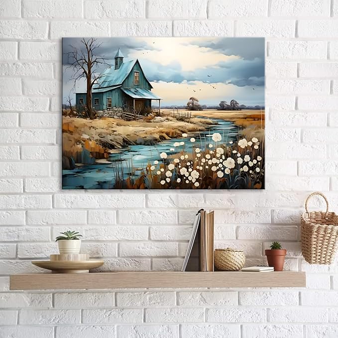CYULWNNO Farmhouse Wall Art Barn Farm Landscape Painting Pictures Decor Blue Farm Nature Wildflower Rustic Scenery Canvas Prints Artwork Frame Living Room Bedroom Bathroom Wall Decor 16"x24"