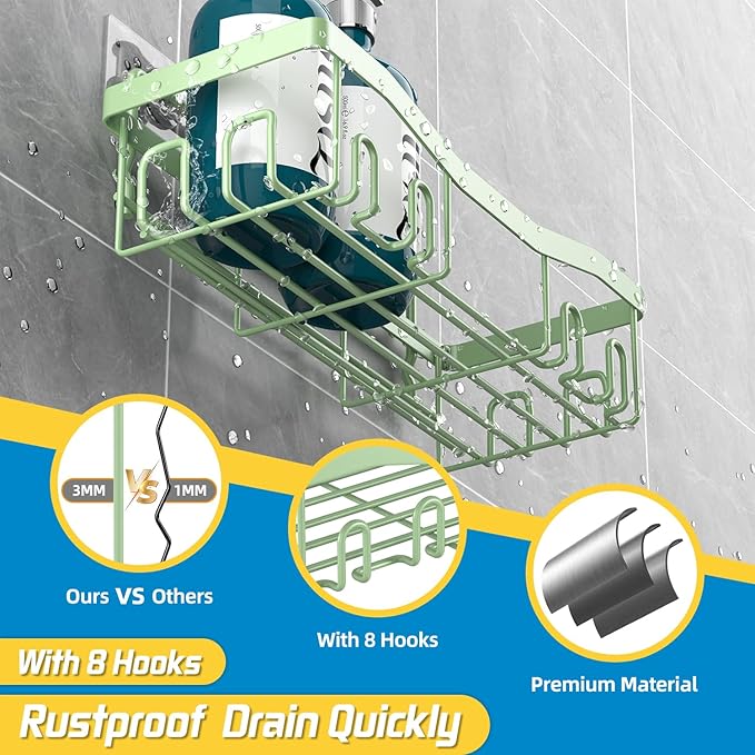 Adhesive Shower Caddy, No Drilling Bath Organizers 5 Pack, Rustproof Shelves with Soap Holder & Toothbrush Holder, Bathroom Organizers and Storage, Green