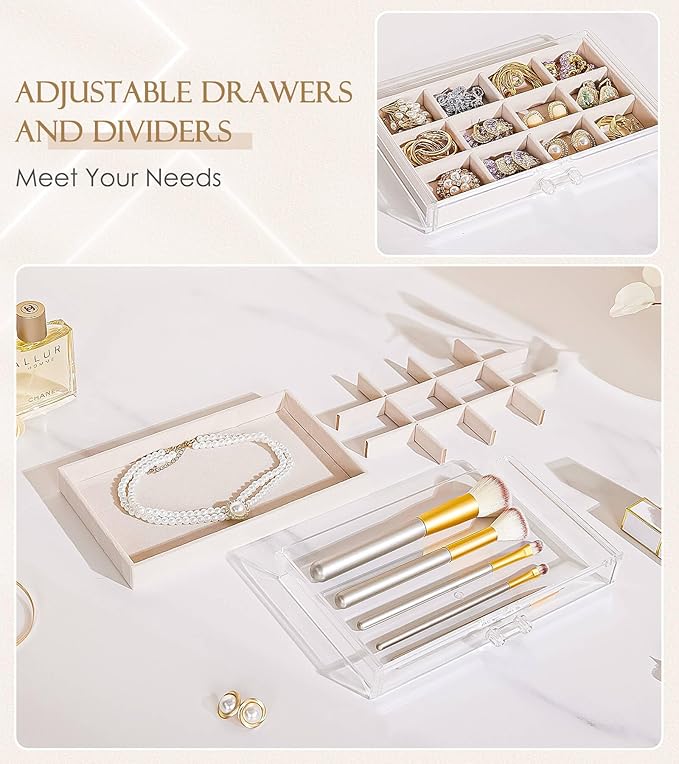 Homde Jewelry Box Acrylic for Home: Necklace Ring Organizer for Women in Vanity - Large Bracelet Earring Holder with Compartments
